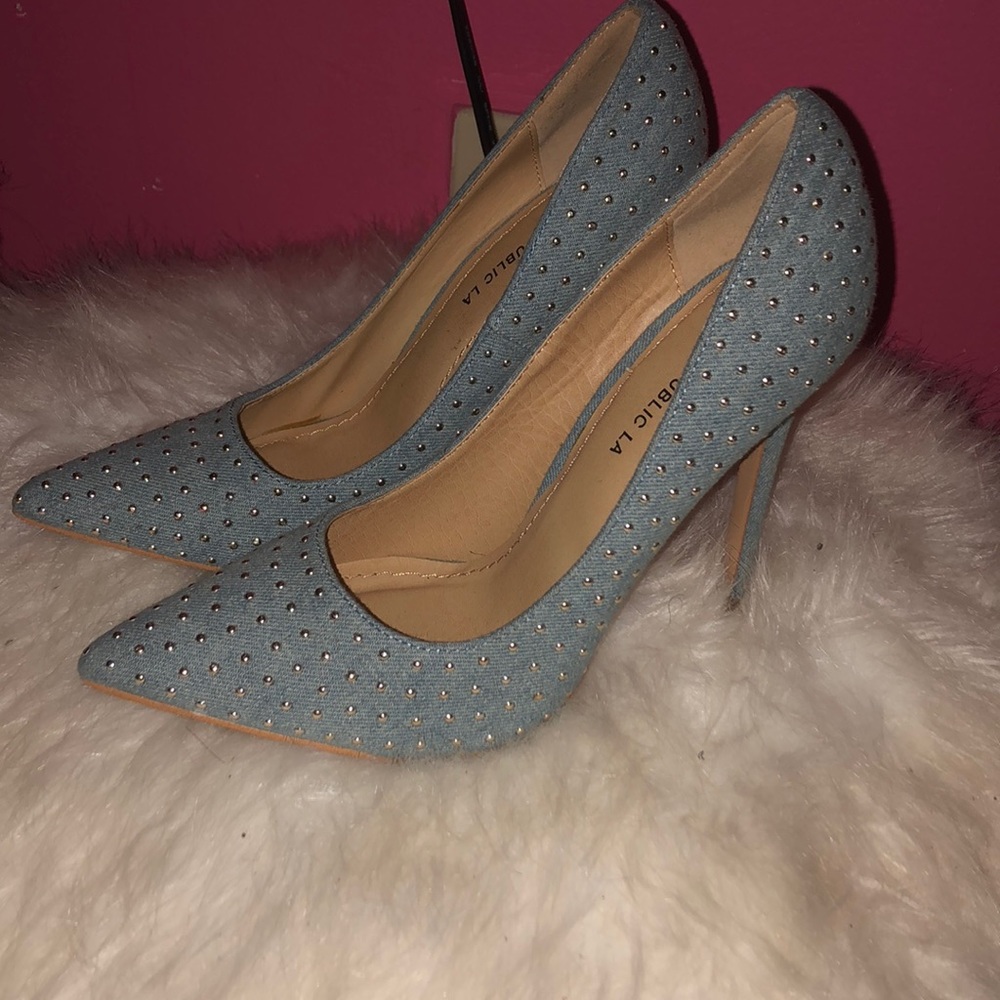 Denim studded pintoe heels